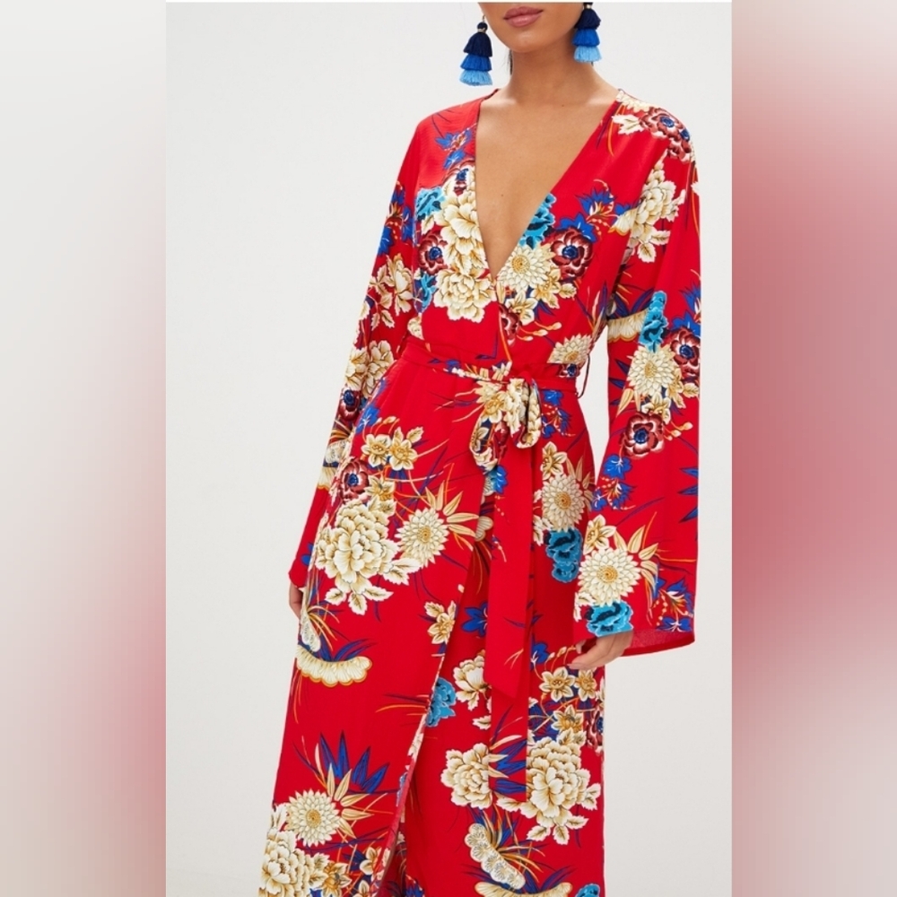 Pretty Little Things Red Floral Print Kimono Maxi Dress Size S. #322